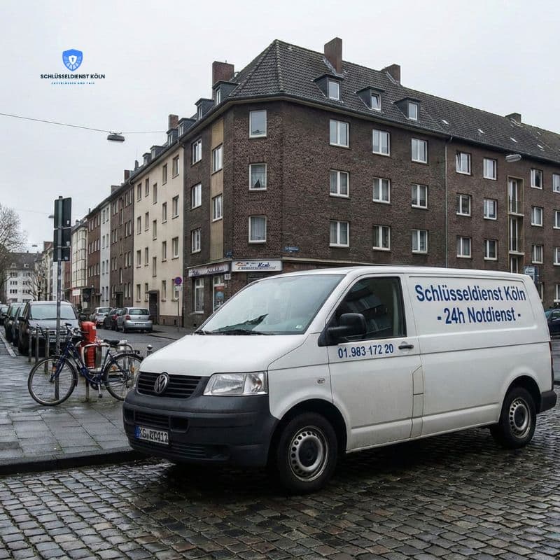 Weißes Service-Fahrzeug des mobilen Schlüsseldienst Köln mit "24h Notdienst" Aufschrift, geparkt auf einer Kopfsteinpflasterstraße in einem typischen Kölner Wohnviertel (z.B. Ehrenfeld oder Nippes) für schnelle Einsätze.