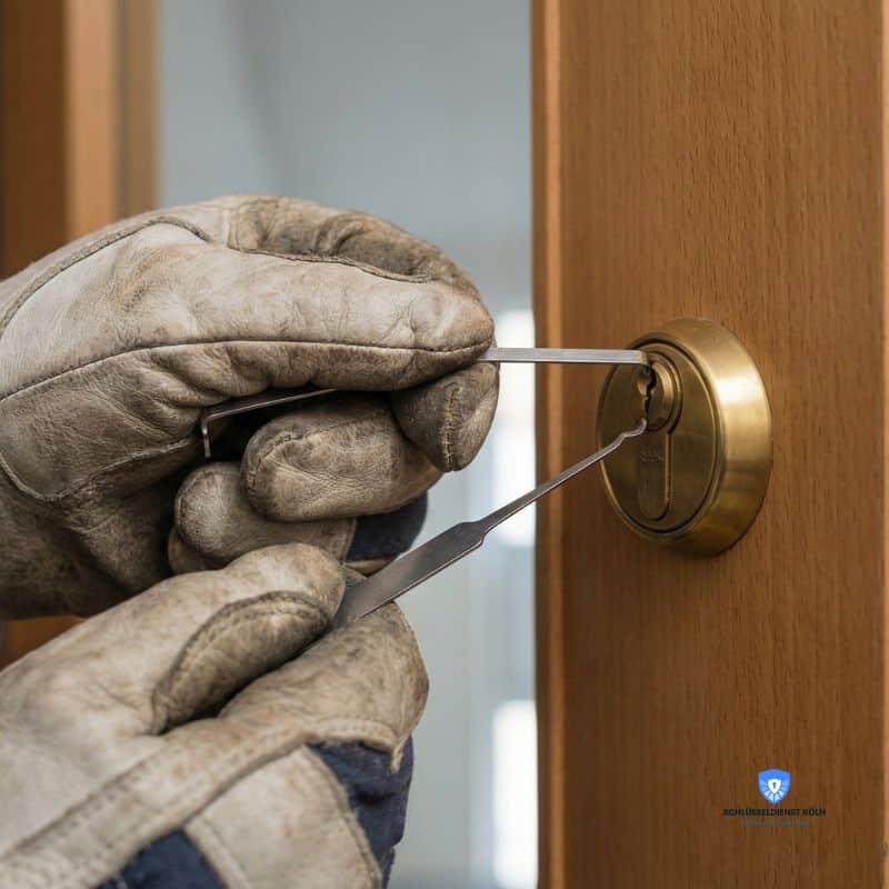 Nahaufnahme der Hände eines Profis bei der beschädigungsfreien Türöffnung einer Wohnungstür in Köln mit Spezialwerkzeug (Dietrich).